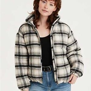 American Eagle Plaid Collapsible Hooded Puffer Jacket